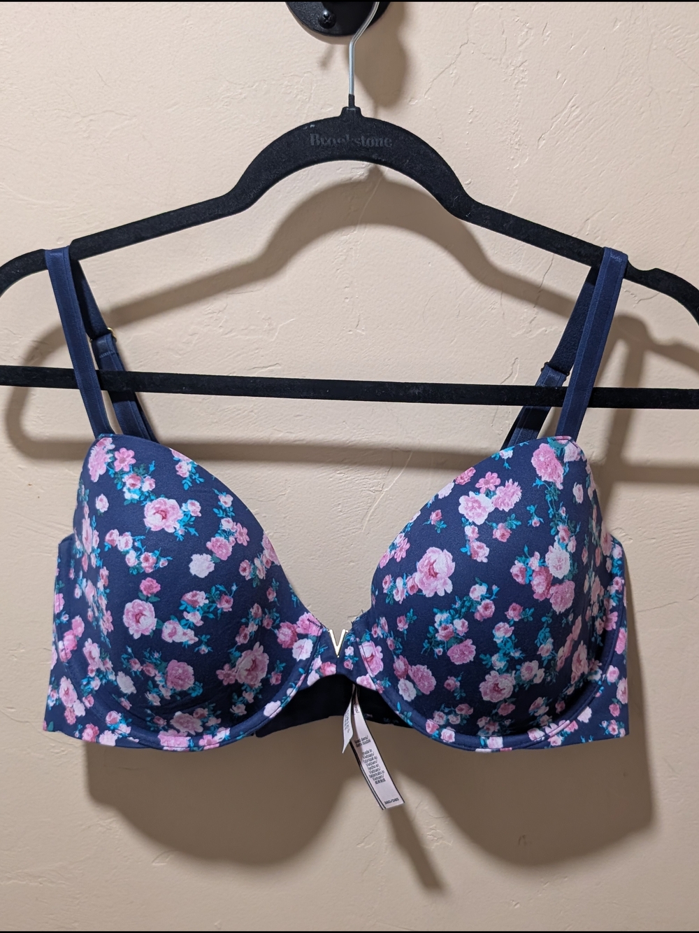 EUC Victoria Secret Lightly Lined Demi Navy Floral Push-Up Bra 38D
